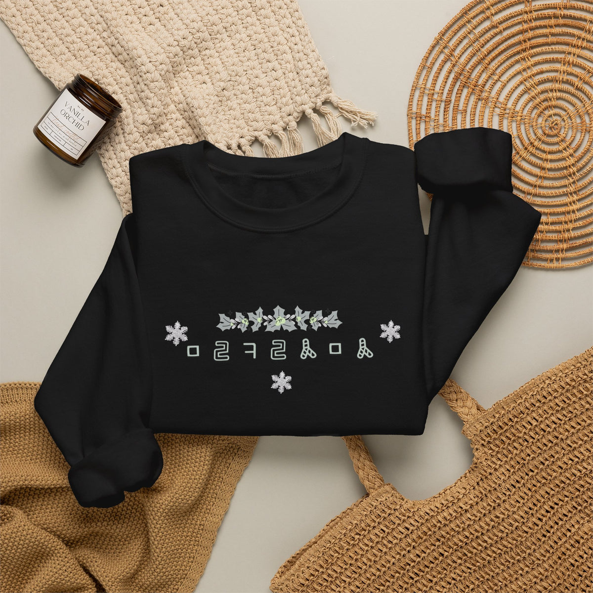 Korean Merry Christmas Sweatshirt | Hangul Initials Front & Back Print | Holly & Snowflake Crewneck | Minimal K-Culture Holiday Gift