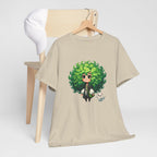 Cute Chibi Character T-Shirt | Big Green Hair Girl with Cat | Kawaii Anime Art Tee | Unisex | Green Curly Hair Girl Tee | Cute Cartoon Girl