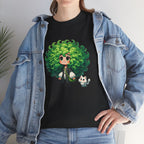 Cute Chibi Character T-Shirt | Big Green Hair Girl with Cat | Kawaii Anime Art Tee | Unisex | Green Curly Hair Girl Tee | Cute Cartoon Girl