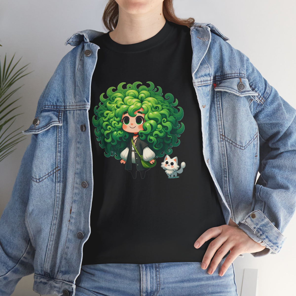 Cute Chibi Character T-Shirt | Big Green Hair Girl with Cat | Kawaii Anime Art Tee | Unisex | Green Curly Hair Girl Tee | Cute Cartoon Girl