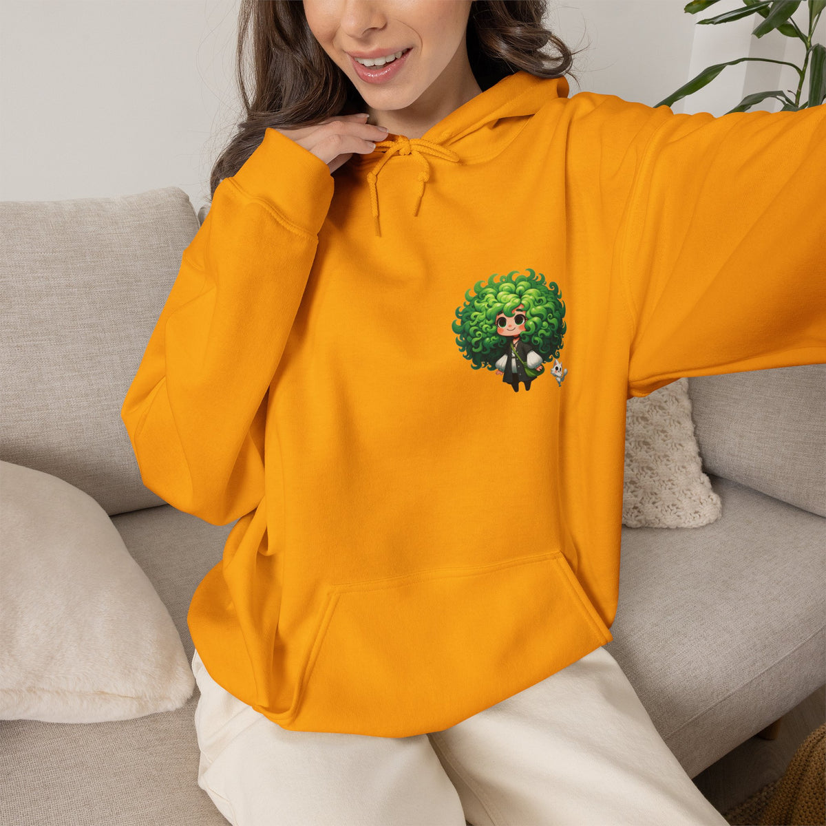 Green Hair Chibi Girl | Cute Anime Character | Kawaii Cat Companion Graphic | Unisex | Green Curly-Head Character Hooded