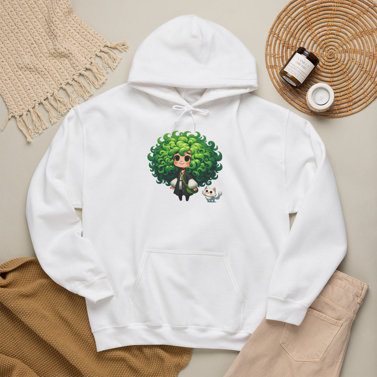 Green Hair Chibi Girl | Cute Anime Character | Kawaii Cat Companion Graphic | Unisex | Green Curly-Head Character Hooded