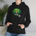 Green Hair Chibi Girl | Cute Anime Character | Kawaii Cat Companion Graphic | Unisex | Green Curly-Head Character Hooded