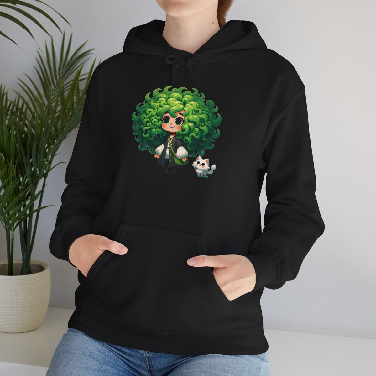 Green Hair Chibi Girl | Cute Anime Character | Kawaii Cat Companion Graphic | Unisex | Green Curly-Head Character Hooded