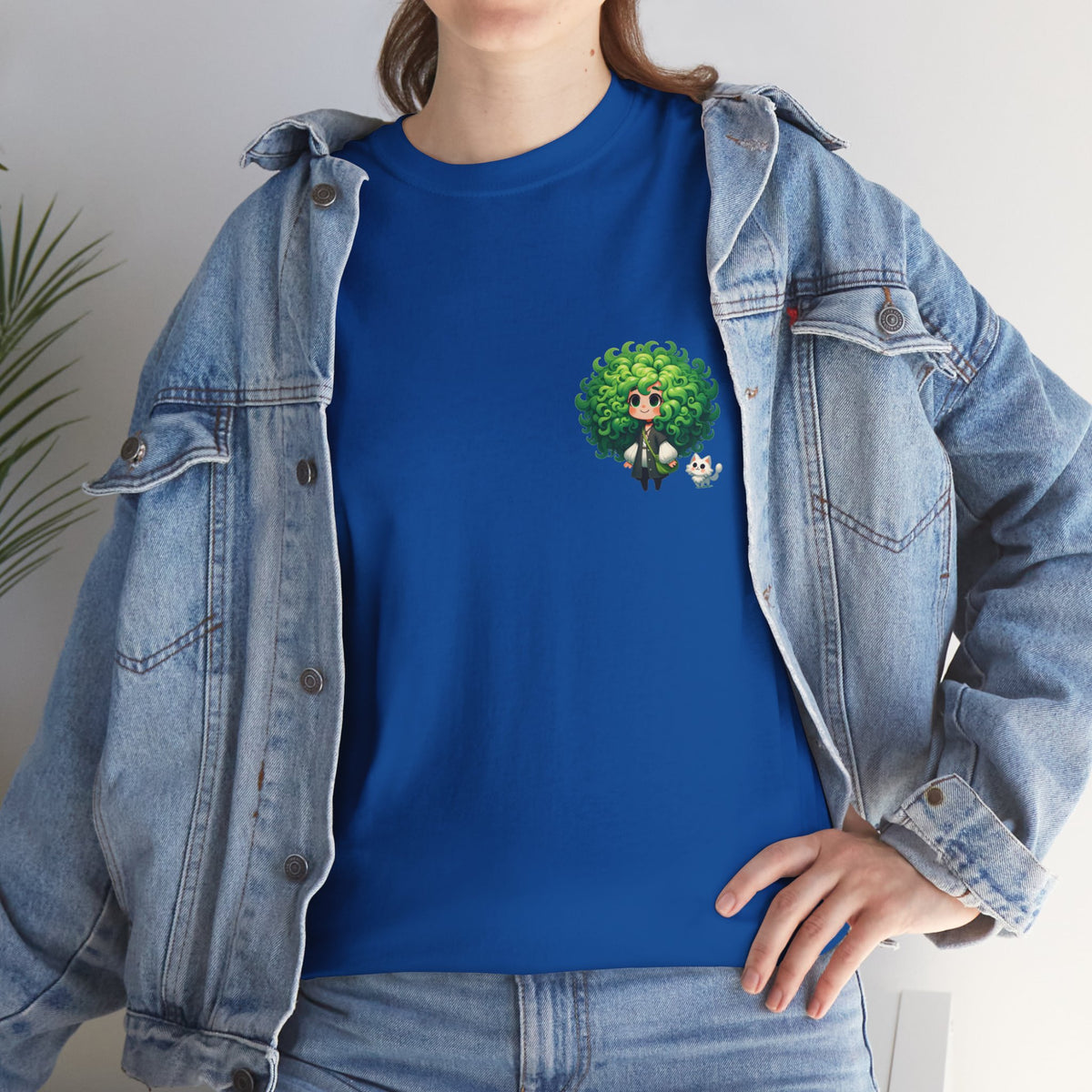 Cute Chibi Character T-Shirt | Big Green Hair Girl with Cat | Kawaii Anime Art Tee | Unisex | Green Curly Hair Girl Tee | Cute Cartoon Girl