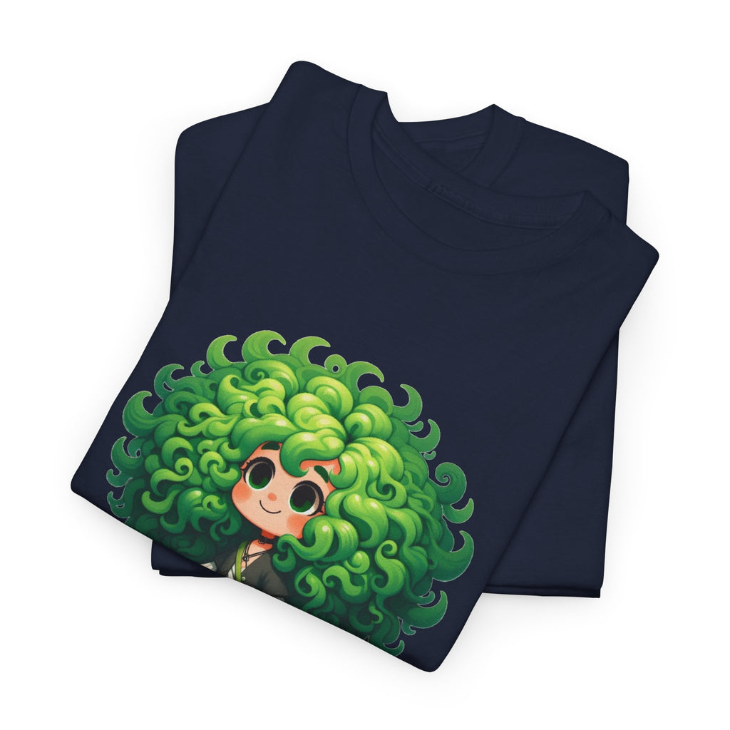 Cute Chibi Character T-Shirt | Big Green Hair Girl with Cat | Kawaii Anime Art Tee | Unisex | Green Curly Hair Girl Tee | Cute Cartoon Girl
