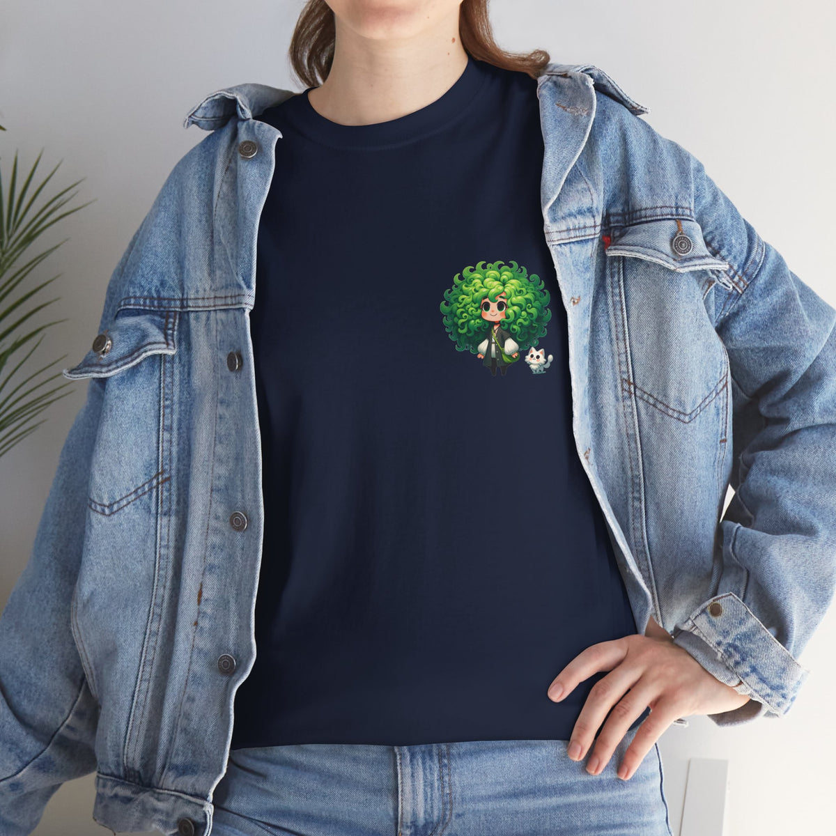 Cute Chibi Character T-Shirt | Big Green Hair Girl with Cat | Kawaii Anime Art Tee | Unisex | Green Curly Hair Girl Tee | Cute Cartoon Girl