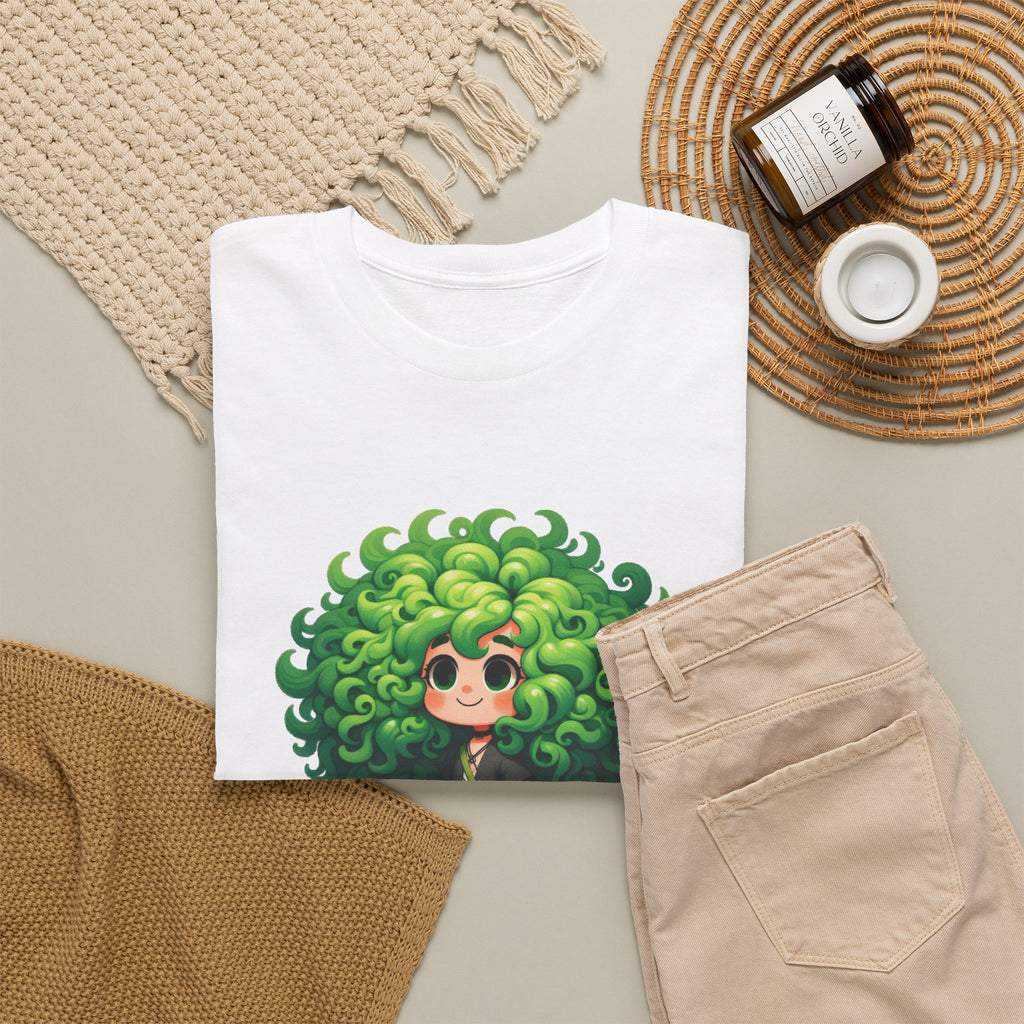 Cute Chibi Character T-Shirt | Big Green Hair Girl with Cat | Kawaii Anime Art Tee | Unisex | Green Curly Hair Girl Tee | Cute Cartoon Girl