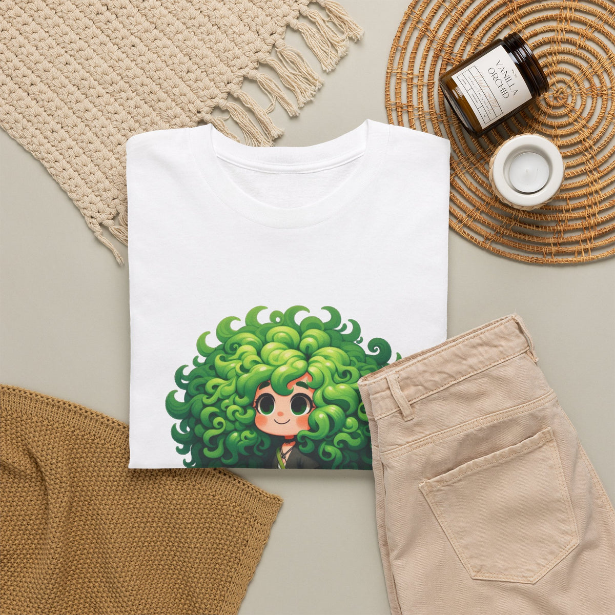 Cute Chibi Character T-Shirt | Big Green Hair Girl with Cat | Kawaii Anime Art Tee | Unisex | Green Curly Hair Girl Tee | Cute Cartoon Girl