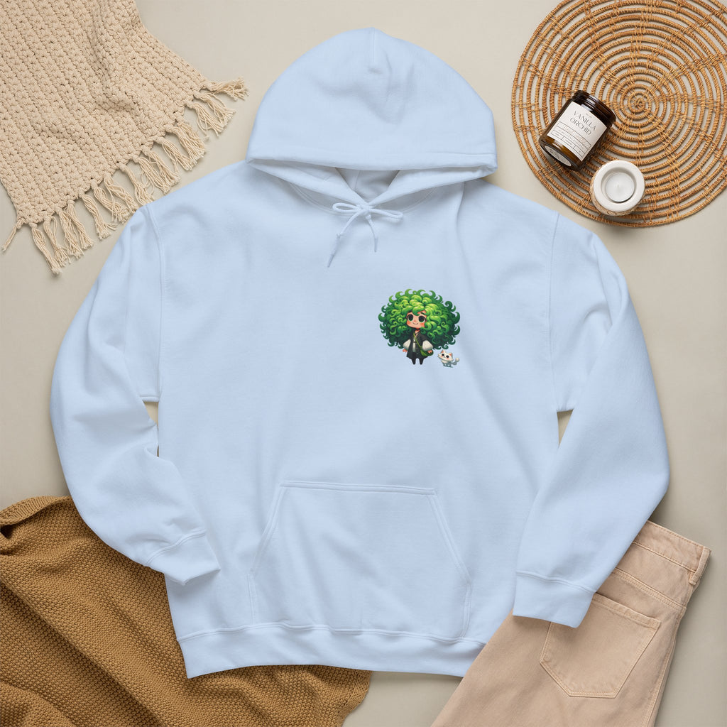 Green Hair Chibi Girl | Cute Anime Character | Kawaii Cat Companion Graphic | Unisex | Green Curly-Head Character Hooded