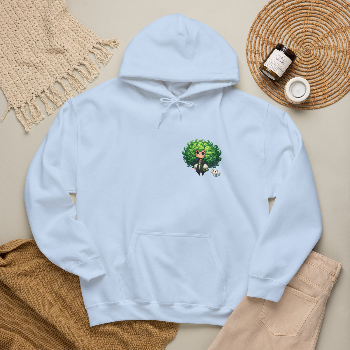Green Hair Chibi Girl | Cute Anime Character | Kawaii Cat Companion Graphic | Unisex | Green Curly-Head Character Hooded