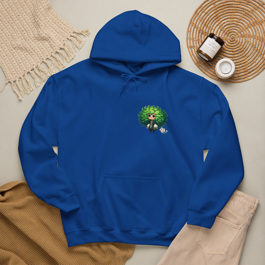 Green Hair Chibi Girl | Cute Anime Character | Kawaii Cat Companion Graphic | Unisex | Green Curly-Head Character Hooded