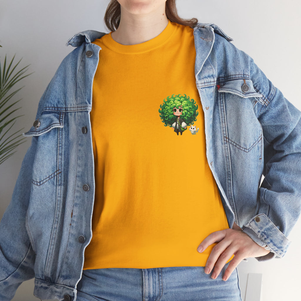 Cute Chibi Character T-Shirt | Big Green Hair Girl with Cat | Kawaii Anime Art Tee | Unisex | Green Curly Hair Girl Tee | Cute Cartoon Girl