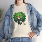 Cute Chibi Character T-Shirt | Big Green Hair Girl with Cat | Kawaii Anime Art Tee | Unisex | Green Curly Hair Girl Tee | Cute Cartoon Girl