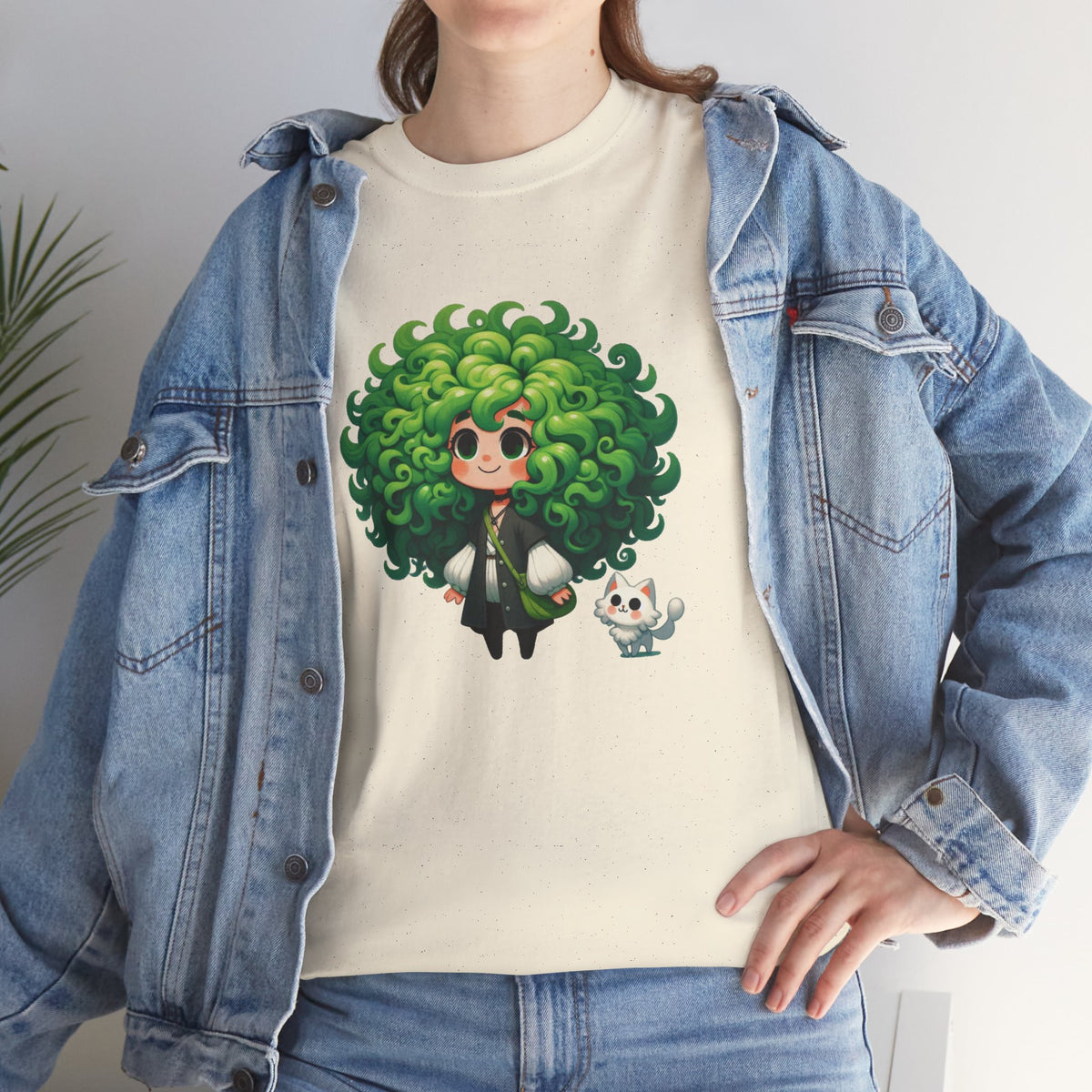 Cute Chibi Character T-Shirt | Big Green Hair Girl with Cat | Kawaii Anime Art Tee | Unisex | Green Curly Hair Girl Tee | Cute Cartoon Girl