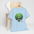 Cute Chibi Character T-Shirt | Big Green Hair Girl with Cat | Kawaii Anime Art Tee | Unisex | Green Curly Hair Girl Tee | Cute Cartoon Girl