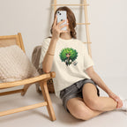 Cute Chibi Character T-Shirt | Big Green Hair Girl with Cat | Kawaii Anime Art Tee | Unisex | Green Curly Hair Girl Tee | Cute Cartoon Girl