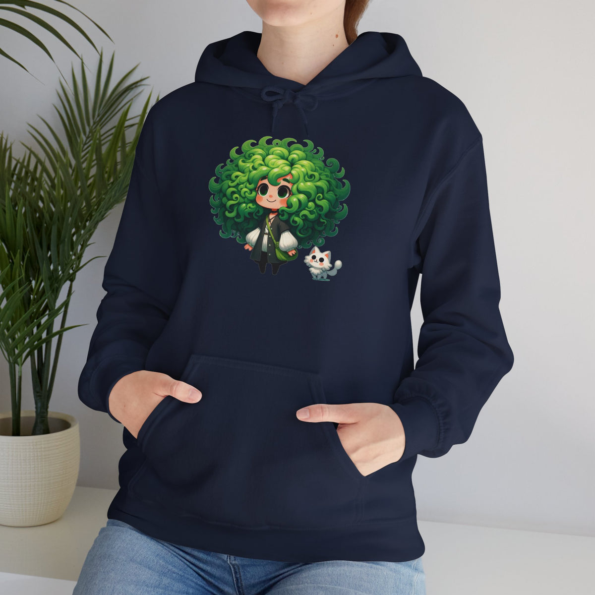 Green Hair Chibi Girl | Cute Anime Character | Kawaii Cat Companion Graphic | Unisex | Green Curly-Head Character Hooded