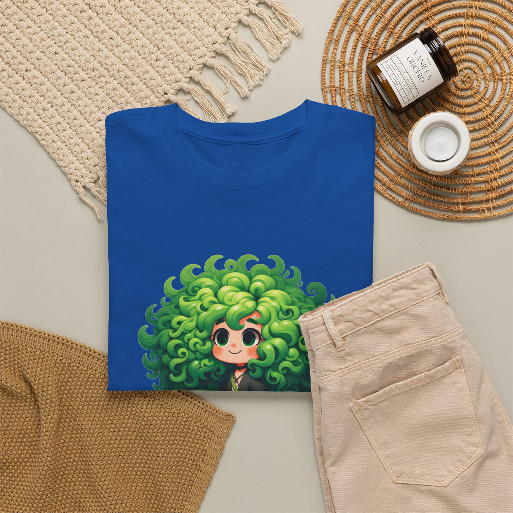 Cute Chibi Character T-Shirt | Big Green Hair Girl with Cat | Kawaii Anime Art Tee | Unisex | Green Curly Hair Girl Tee | Cute Cartoon Girl
