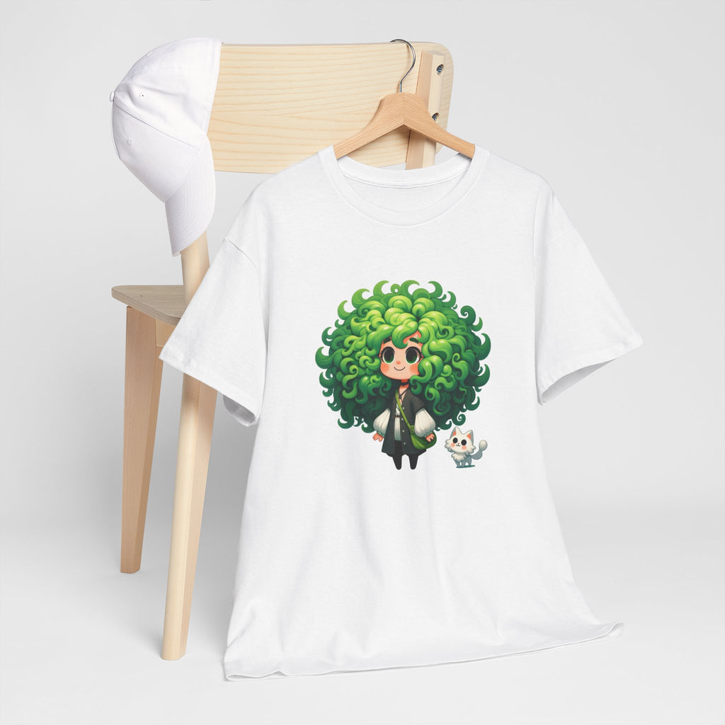 Cute Chibi Character T-Shirt | Big Green Hair Girl with Cat | Kawaii Anime Art Tee | Unisex | Green Curly Hair Girl Tee | Cute Cartoon Girl