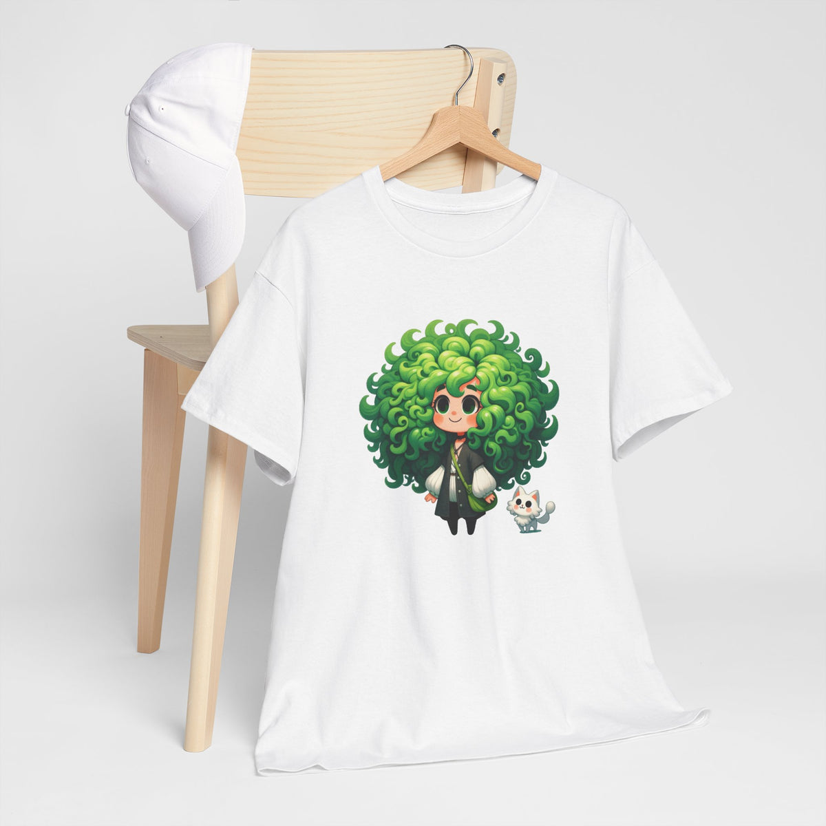 Cute Chibi Character T-Shirt | Big Green Hair Girl with Cat | Kawaii Anime Art Tee | Unisex | Green Curly Hair Girl Tee | Cute Cartoon Girl