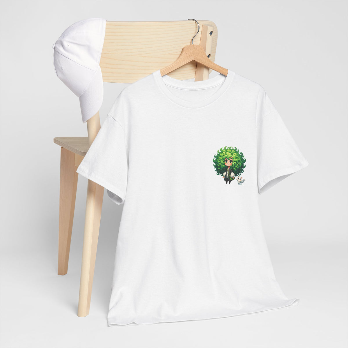 Cute Chibi Character T-Shirt | Big Green Hair Girl with Cat | Kawaii Anime Art Tee | Unisex | Green Curly Hair Girl Tee | Cute Cartoon Girl