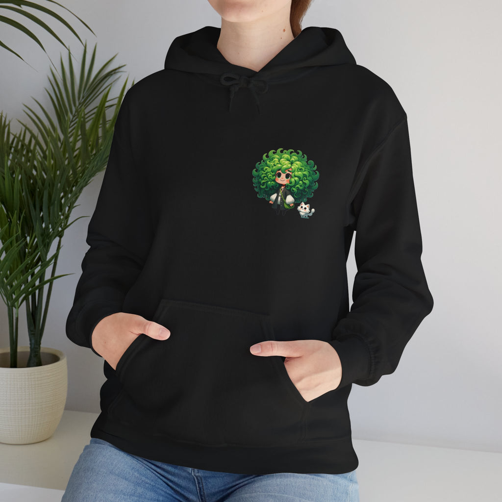 Green Hair Chibi Girl | Cute Anime Character | Kawaii Cat Companion Graphic | Unisex | Green Curly-Head Character Hooded