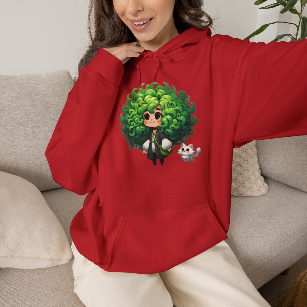 Green Hair Chibi Girl | Cute Anime Character | Kawaii Cat Companion Graphic | Unisex | Green Curly-Head Character Hooded