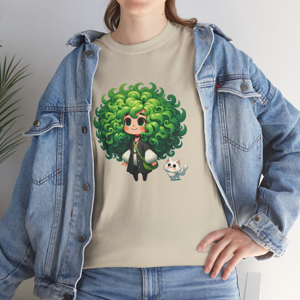 Cute Chibi Character T-Shirt | Big Green Hair Girl with Cat | Kawaii Anime Art Tee | Unisex | Green Curly Hair Girl Tee | Cute Cartoon Girl