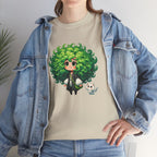 Cute Chibi Character T-Shirt | Big Green Hair Girl with Cat | Kawaii Anime Art Tee | Unisex | Green Curly Hair Girl Tee | Cute Cartoon Girl