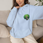 Green Hair Chibi Girl | Cute Anime Character | Kawaii Cat Companion Graphic | Unisex | Green Curly-Head Character Hooded