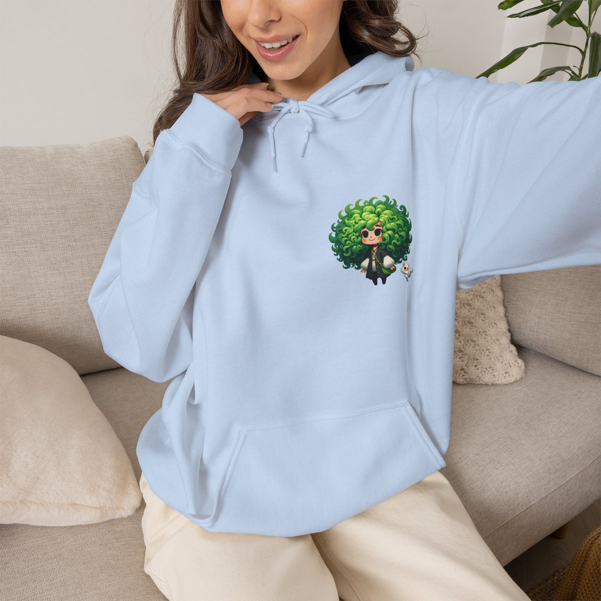 Green Hair Chibi Girl | Cute Anime Character | Kawaii Cat Companion Graphic | Unisex | Green Curly-Head Character Hooded