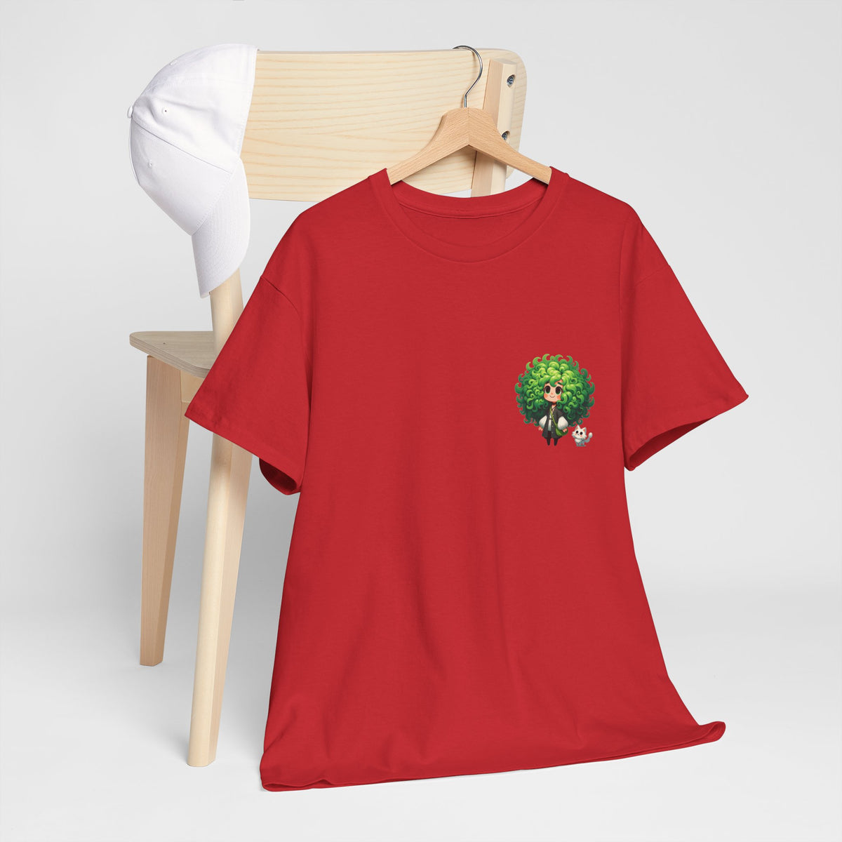 Cute Chibi Character T-Shirt | Big Green Hair Girl with Cat | Kawaii Anime Art Tee | Unisex | Green Curly Hair Girl Tee | Cute Cartoon Girl