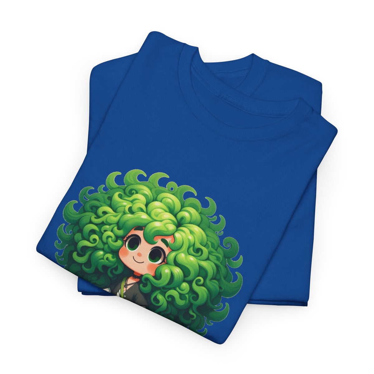 Cute Chibi Character T-Shirt | Big Green Hair Girl with Cat | Kawaii Anime Art Tee | Unisex | Green Curly Hair Girl Tee | Cute Cartoon Girl
