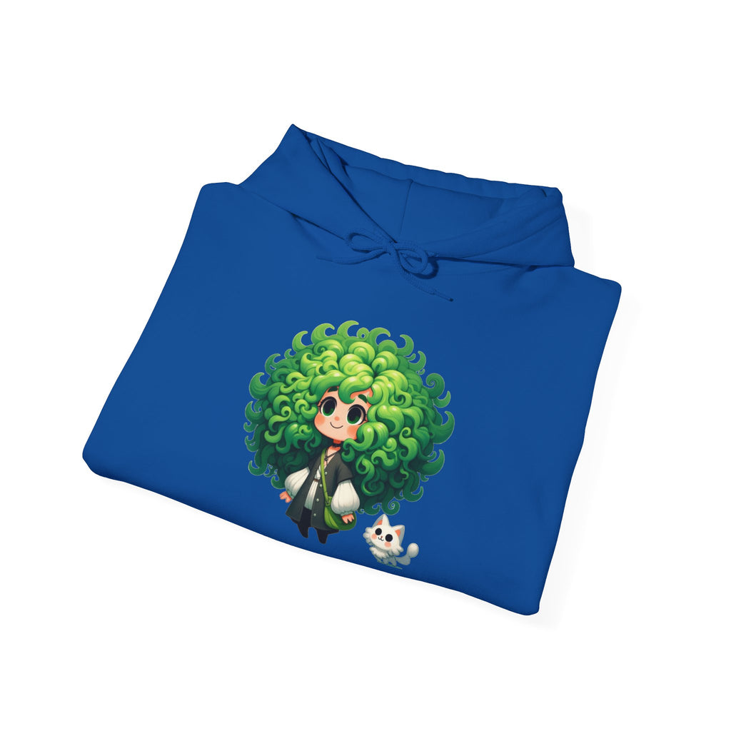 Green Hair Chibi Girl | Cute Anime Character | Kawaii Cat Companion Graphic | Unisex | Green Curly-Head Character Hooded