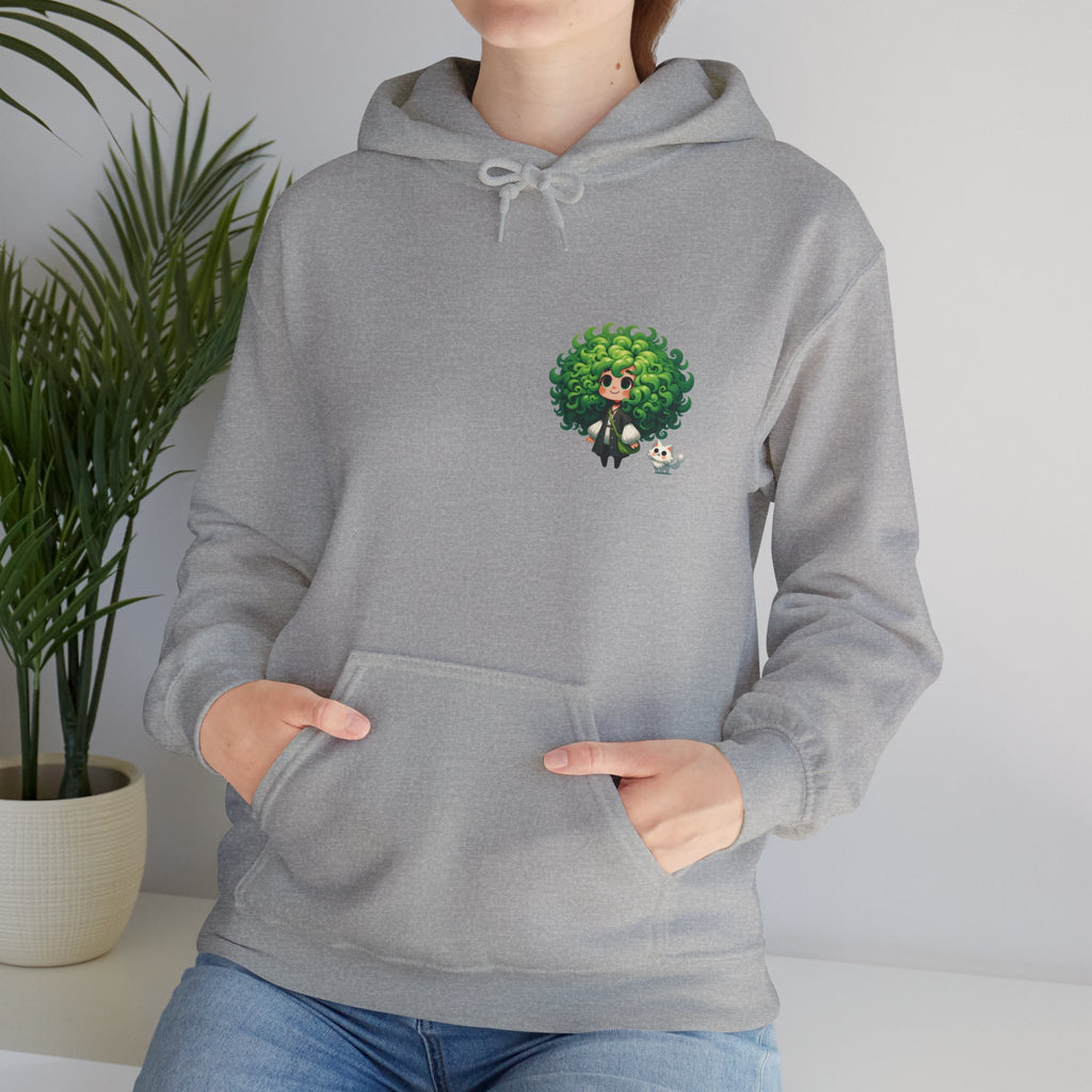 Green Hair Chibi Girl | Cute Anime Character | Kawaii Cat Companion Graphic | Unisex | Green Curly-Head Character Hooded