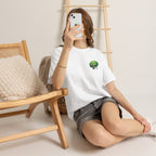 Cute Chibi Character T-Shirt | Big Green Hair Girl with Cat | Kawaii Anime Art Tee | Unisex | Green Curly Hair Girl Tee | Cute Cartoon Girl