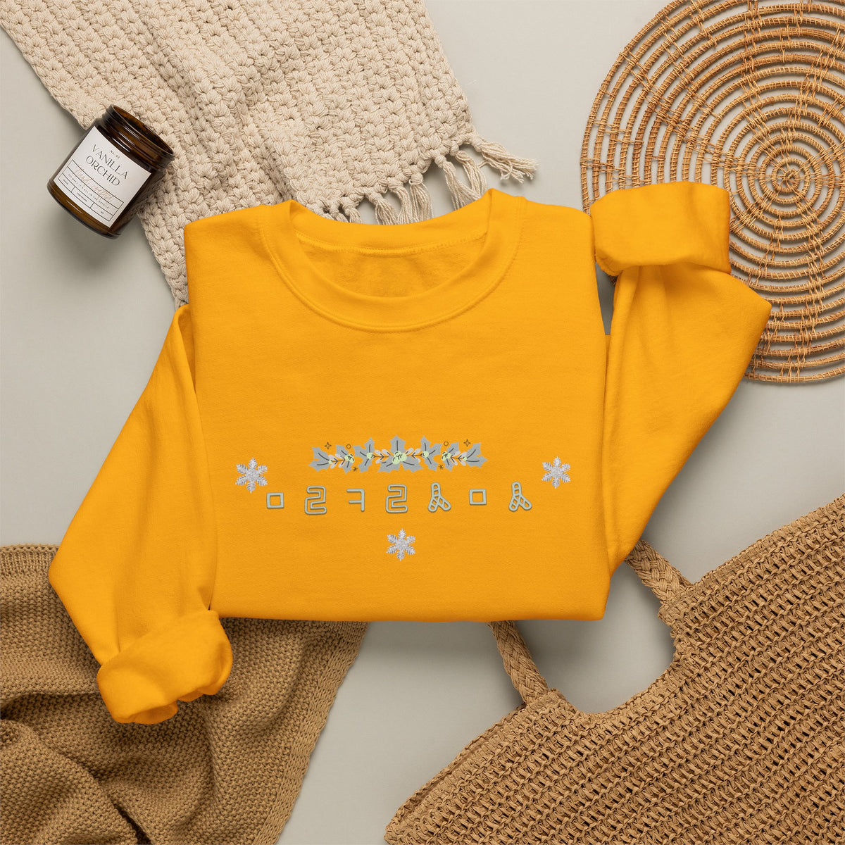 Korean Merry Christmas Sweatshirt | Hangul Initials Front & Back Print | Holly & Snowflake Crewneck | Minimal K-Culture Holiday Gift