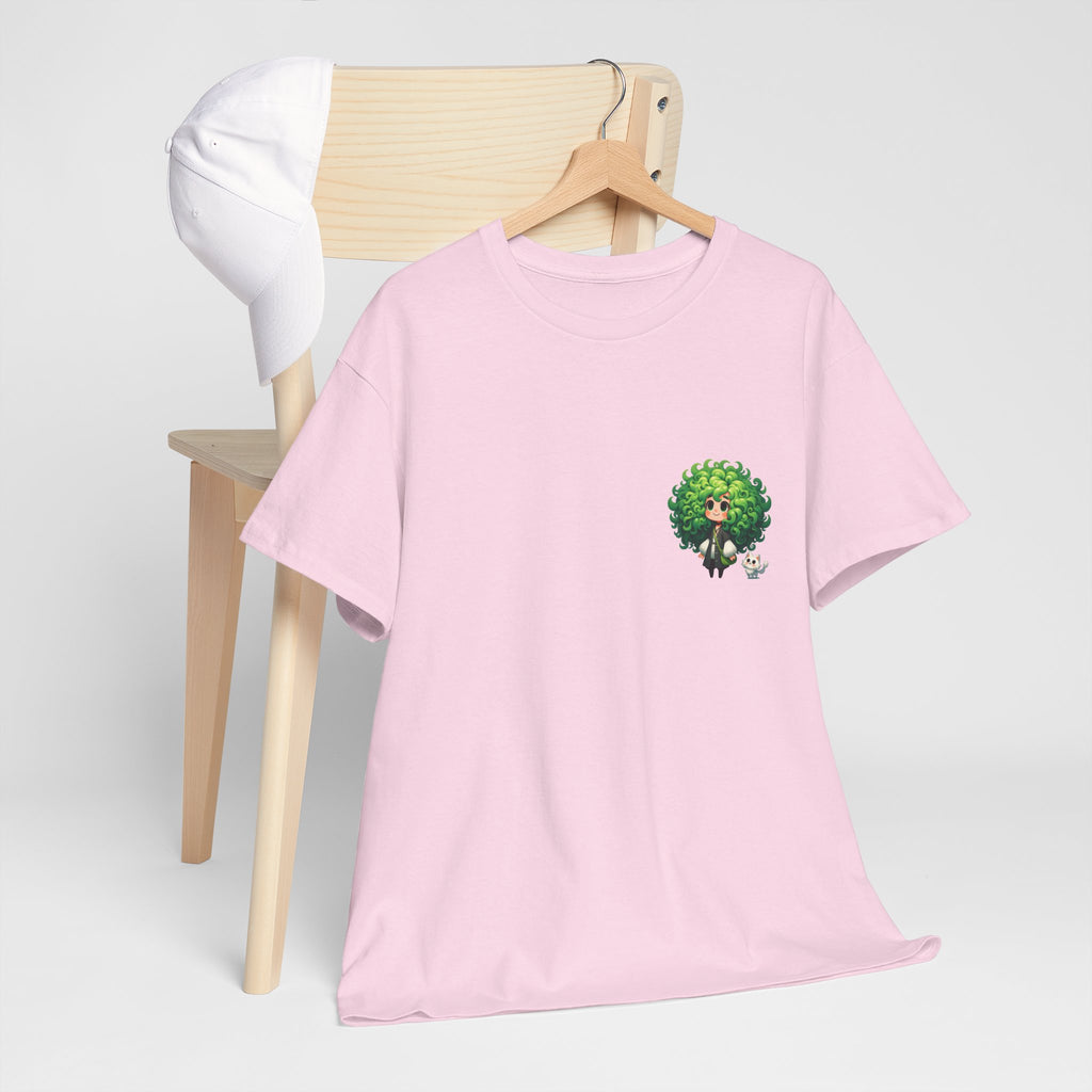 Cute Chibi Character T-Shirt | Big Green Hair Girl with Cat | Kawaii Anime Art Tee | Unisex | Green Curly Hair Girl Tee | Cute Cartoon Girl