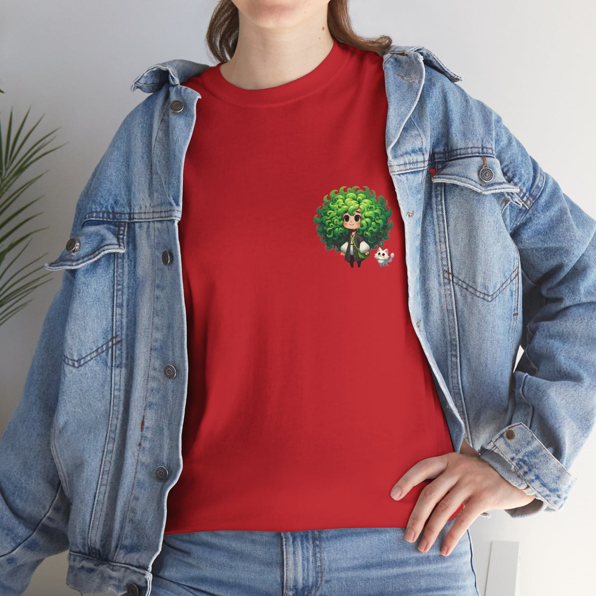 Cute Chibi Character T-Shirt | Big Green Hair Girl with Cat | Kawaii Anime Art Tee | Unisex | Green Curly Hair Girl Tee | Cute Cartoon Girl