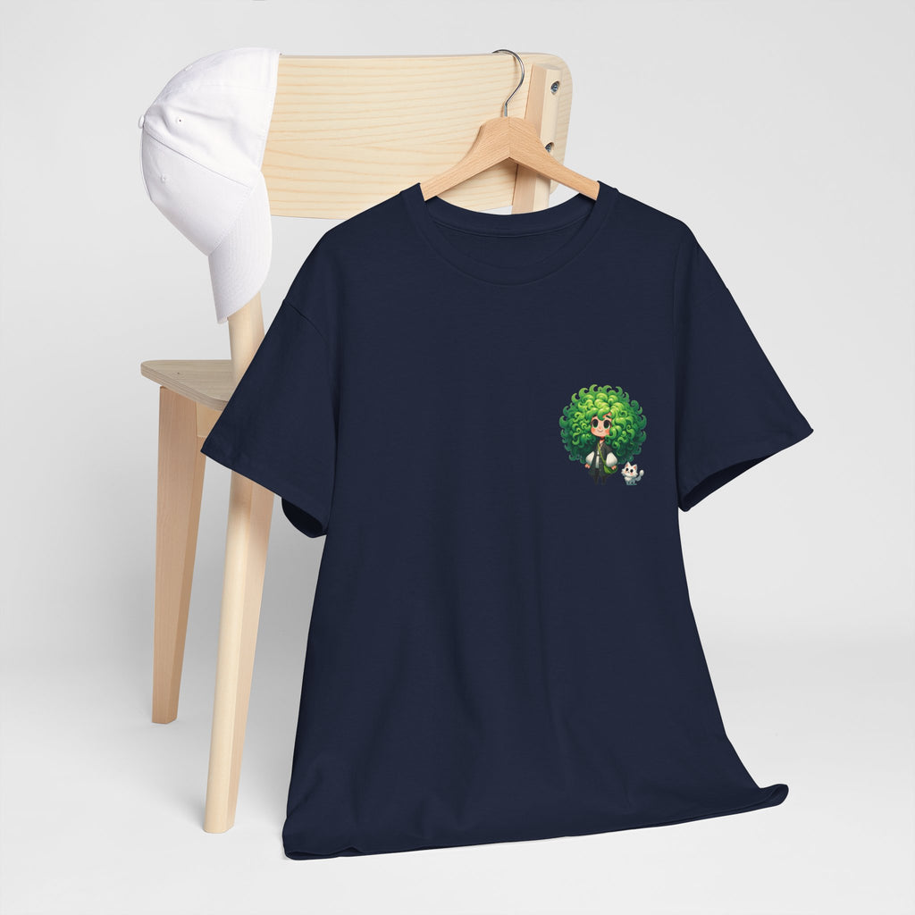 Cute Chibi Character T-Shirt | Big Green Hair Girl with Cat | Kawaii Anime Art Tee | Unisex | Green Curly Hair Girl Tee | Cute Cartoon Girl