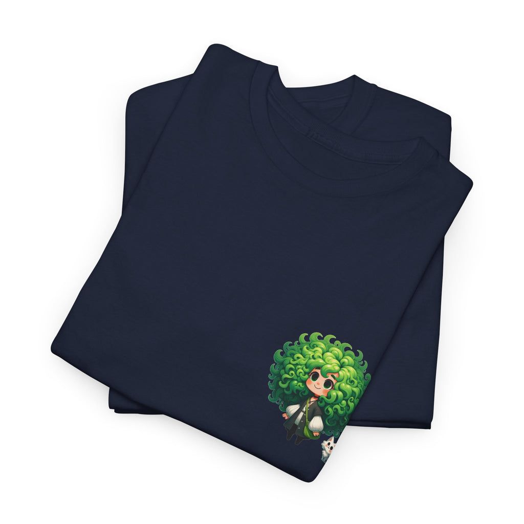 Cute Chibi Character T-Shirt | Big Green Hair Girl with Cat | Kawaii Anime Art Tee | Unisex | Green Curly Hair Girl Tee | Cute Cartoon Girl