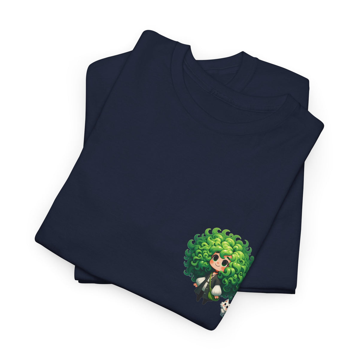 Cute Chibi Character T-Shirt | Big Green Hair Girl with Cat | Kawaii Anime Art Tee | Unisex | Green Curly Hair Girl Tee | Cute Cartoon Girl