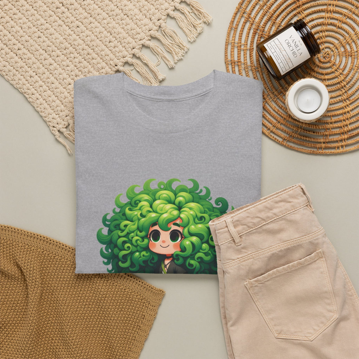 Cute Chibi Character T-Shirt | Big Green Hair Girl with Cat | Kawaii Anime Art Tee | Unisex | Green Curly Hair Girl Tee | Cute Cartoon Girl