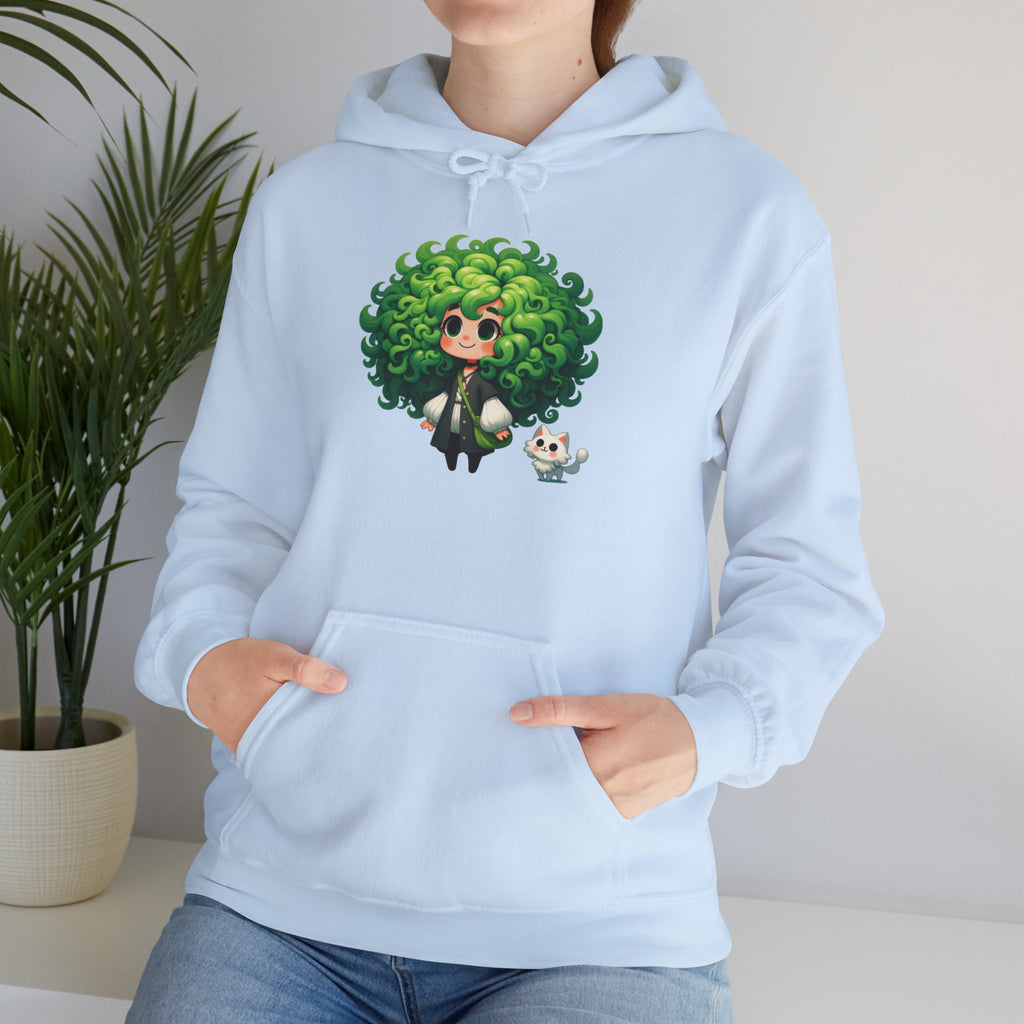 Green Hair Chibi Girl | Cute Anime Character | Kawaii Cat Companion Graphic | Unisex | Green Curly-Head Character Hooded