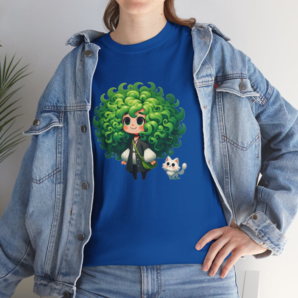Cute Chibi Character T-Shirt | Big Green Hair Girl with Cat | Kawaii Anime Art Tee | Unisex | Green Curly Hair Girl Tee | Cute Cartoon Girl