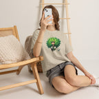 Cute Chibi Character T-Shirt | Big Green Hair Girl with Cat | Kawaii Anime Art Tee | Unisex | Green Curly Hair Girl Tee | Cute Cartoon Girl