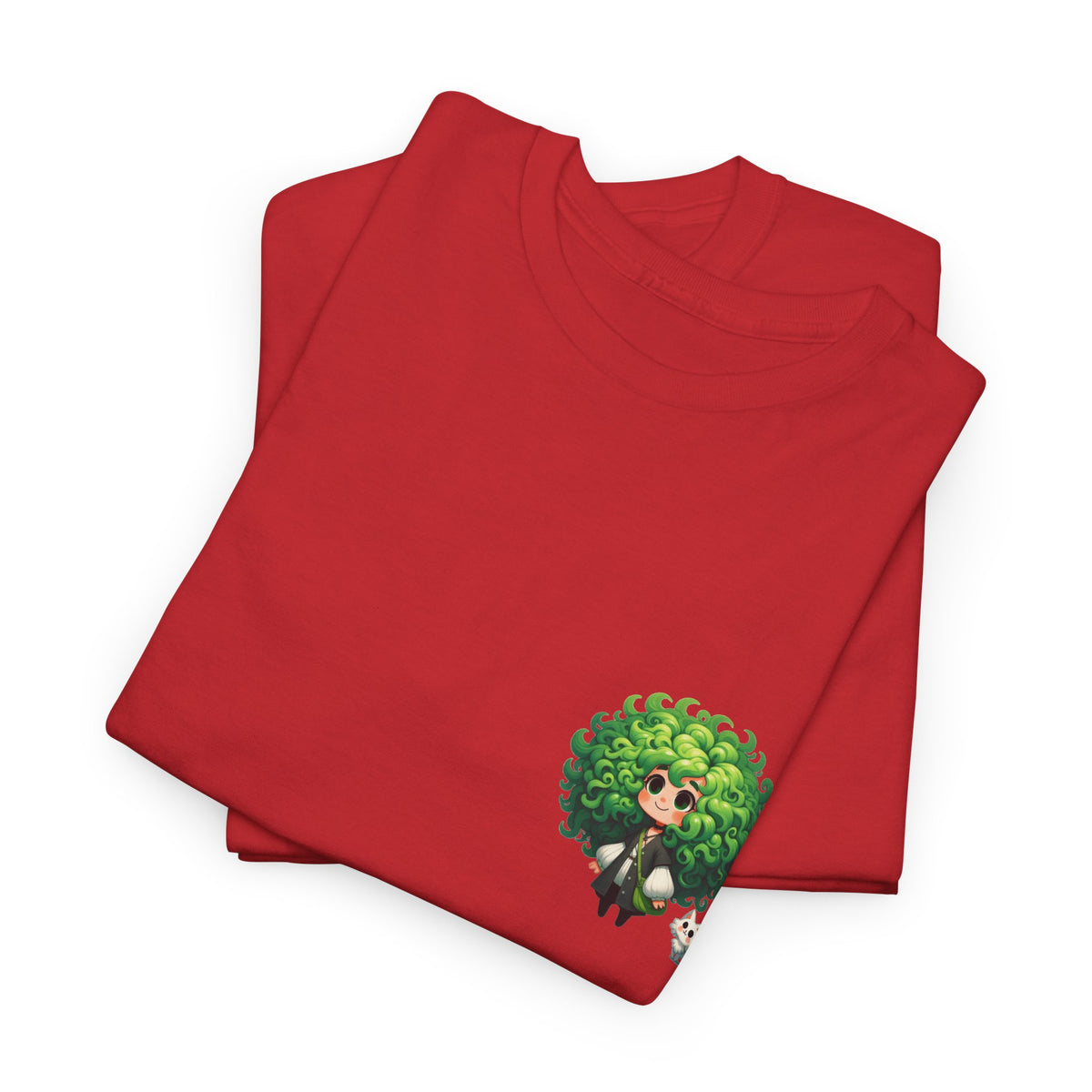 Cute Chibi Character T-Shirt | Big Green Hair Girl with Cat | Kawaii Anime Art Tee | Unisex | Green Curly Hair Girl Tee | Cute Cartoon Girl