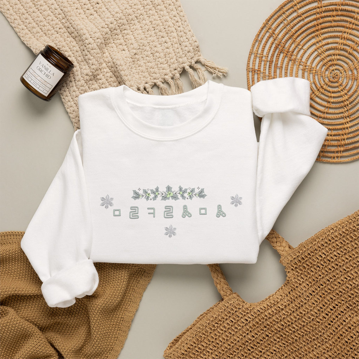 Korean Merry Christmas Sweatshirt | Hangul Initials Front & Back Print | Holly & Snowflake Crewneck | Minimal K-Culture Holiday Gift