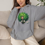 Green Hair Chibi Girl | Cute Anime Character | Kawaii Cat Companion Graphic | Unisex | Green Curly-Head Character Hooded